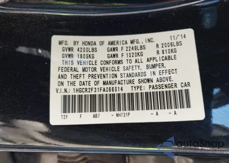 2015 Honda Accord Lx from USA, damaged, VIN 1HGCR2F31FA066514